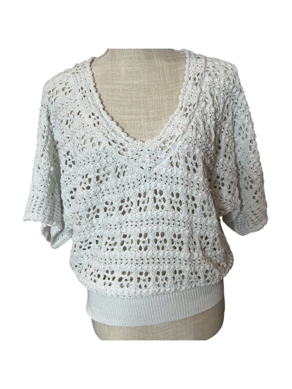 White House Black Market Womens White Crochet V-Neck Sweater Top Size S
